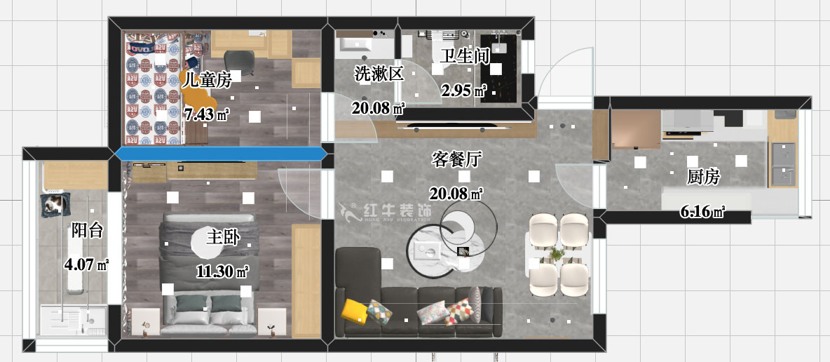 張智猿｜銀龍花園1期35-301-60㎡-現(xiàn)代簡約風(fēng)格｜2室1廳1衛(wèi)｜老房裝修｜定制家￥120000｜全包10萬｜00_03彩平圖