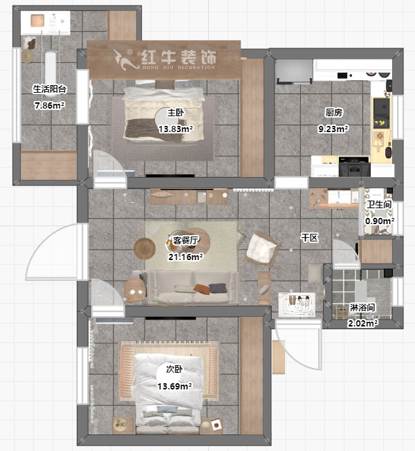 朱明琪|有福家苑34-104-82㎡-現(xiàn)代簡約原木風格|2室2廳1衛(wèi)|老房裝修|定制家¥131000|全包14萬|00_03平面彩圖