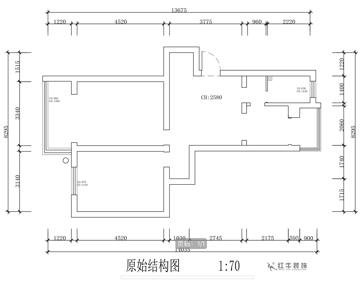 蔣?。蔡┐?1-401-80㎡-現(xiàn)代簡(jiǎn)約風(fēng)格｜2室1廳1衛(wèi)｜舊房裝修｜定制家￥126767｜全包12萬(wàn)｜00_01原始結(jié)構(gòu)圖