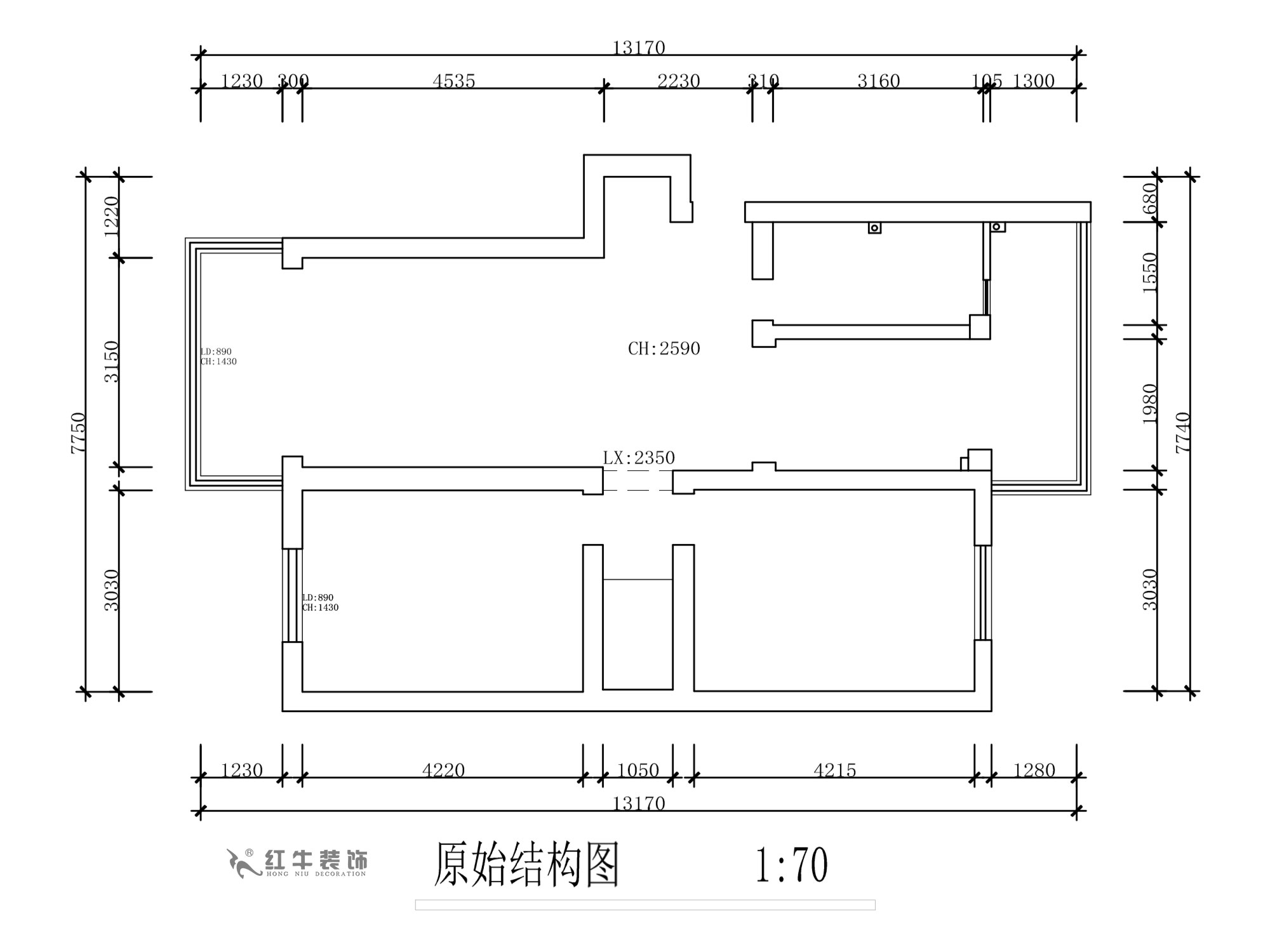 蔣?。旄@43-401-90㎡-現(xiàn)代簡約風格｜2室1廳1衛(wèi)｜舊房裝修｜定制家￥122757｜全包12萬｜00_01原始結(jié)構圖