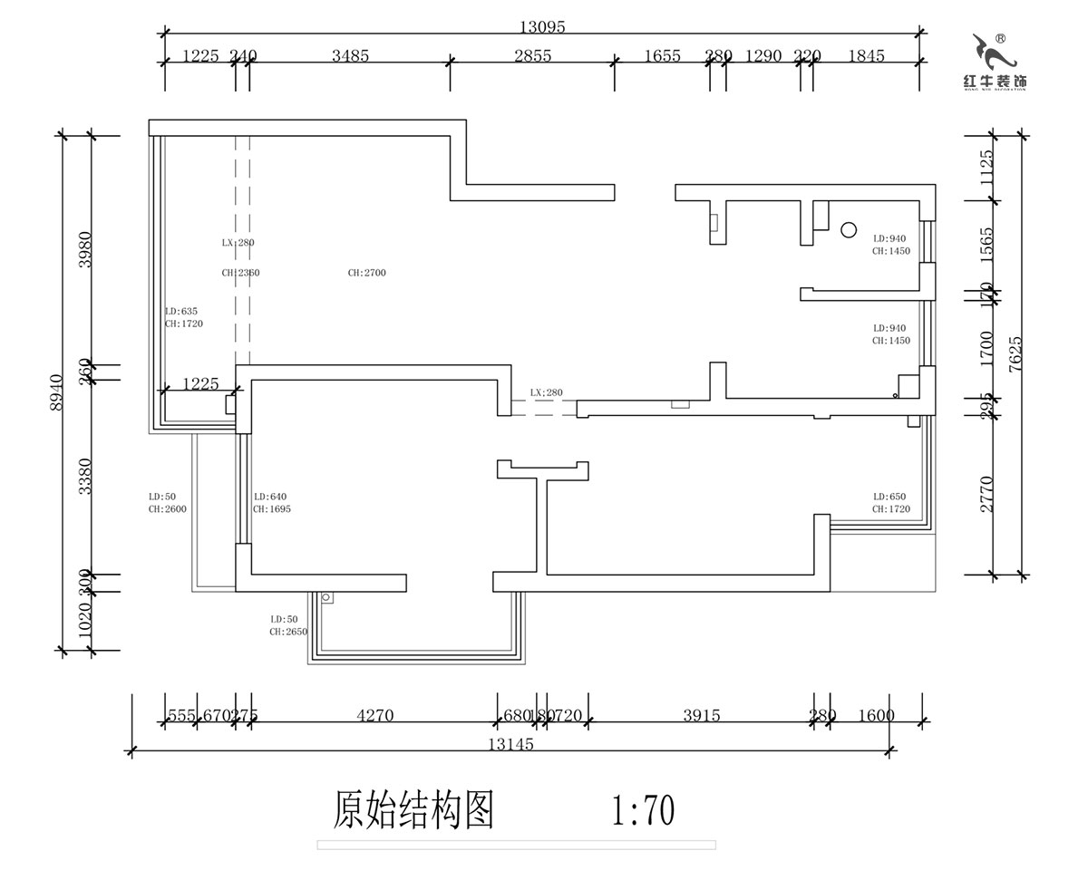 蔣?。霄沃腥A廣場11-601-110㎡-現(xiàn)代簡約風(fēng)格｜2室2廳1衛(wèi)｜舊房裝修｜定制家￥140400｜全包15萬｜00_01原始結(jié)構(gòu)圖