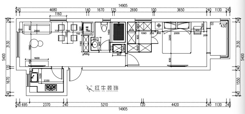 張桐瑋｜紫楊佳園29-2101-59㎡-現代簡約風格｜2室1廳1衛(wèi)｜新房裝修｜定制家￥89500｜全包10萬｜00_03平面尺寸圖