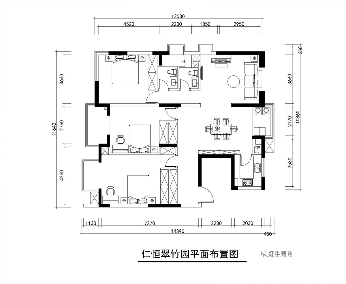 朱彥｜仁恒翠竹園26-204-130㎡-簡約風格｜3室2廳2衛(wèi)｜老房裝修｜定制家｜全包20萬｜00_02平面布置圖