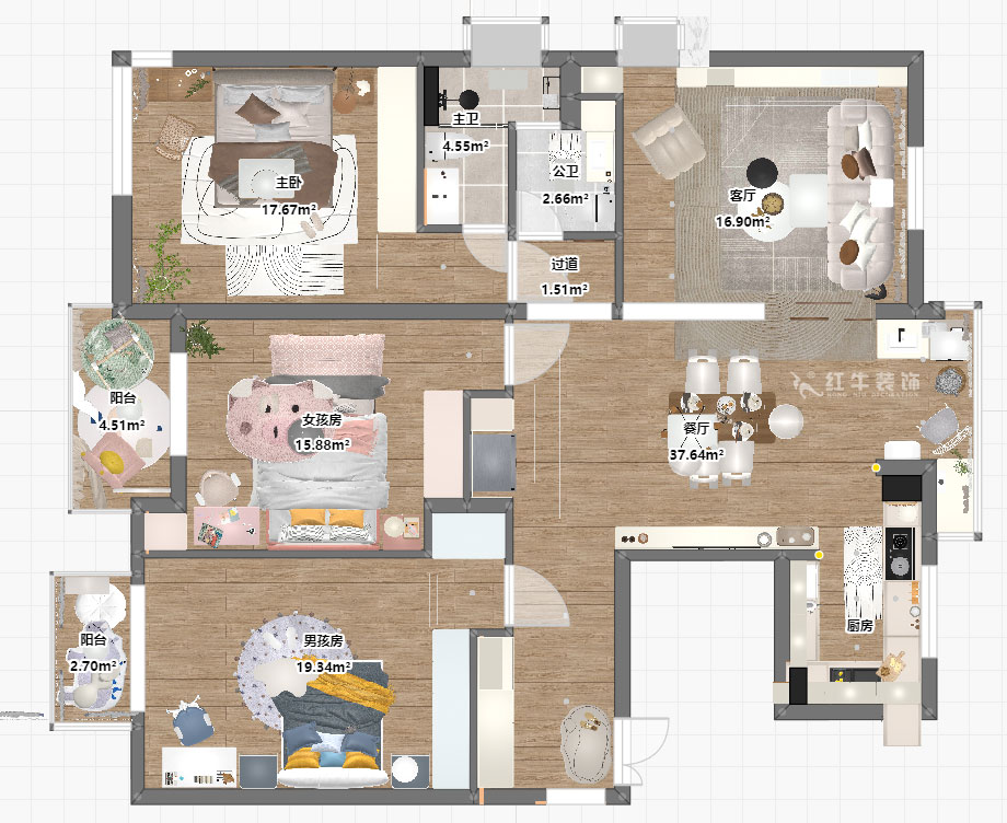朱彥｜仁恒翠竹園26-204-130㎡-簡約風格｜3室2廳2衛(wèi)｜老房裝修｜定制家｜全包20萬｜00_03平面彩圖