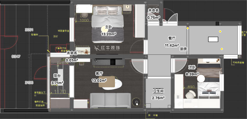 蔣?。驳吕?0號(hào)玻纖院小區(qū)14-103-65㎡-現(xiàn)代簡(jiǎn)約風(fēng)格｜3室1廳1衛(wèi)｜老房裝修｜定制家｜全包10萬(wàn)｜00_03平面彩圖